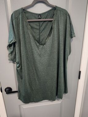 SHEIN Olive Green Lace Trim V-Neck Blouse